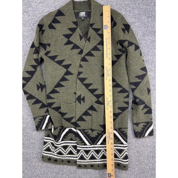 Frye Sweater Womens Small Green Black Longline Cardigan Shawl Collar Aztec Knit - Picture 3 of 7